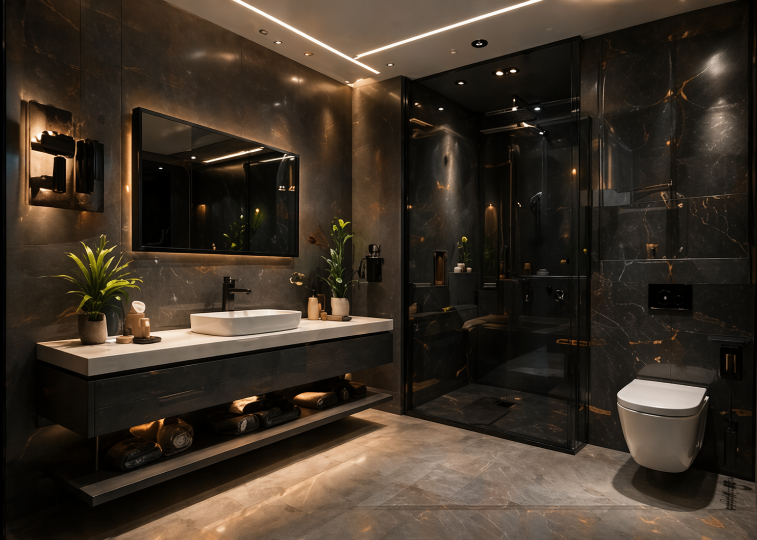 Donkere design badkamer